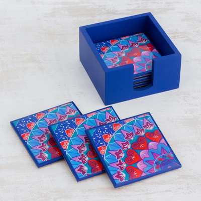 Wood coasters, 'Blue Delight' (set of 6) - Six Handcrafted Wood Coasters in Blue from Costa Rica