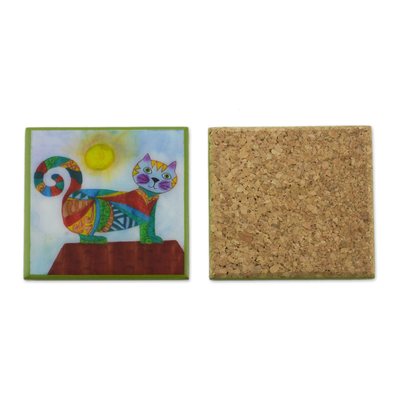 Wood coasters, 'Cat Under the Sun' (set of 6) - Six Handcrafted Cat-Themed Wood Coasters from Costa Rica