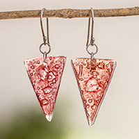 Recycled CD dangle earrings, 'Pink Triangles' - Pink Triangular Recycled CD Dangle Earrings from Guatemala