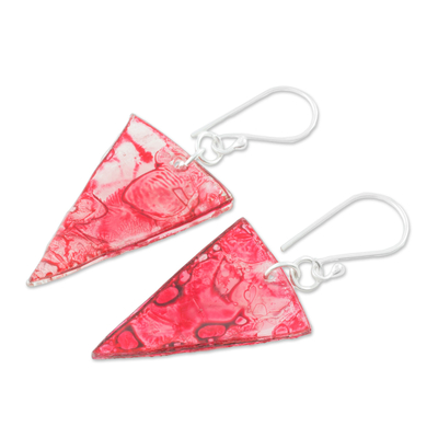 Recycled CD dangle earrings, 'Pink Triangles' - Pink Triangular Recycled CD Dangle Earrings from Guatemala