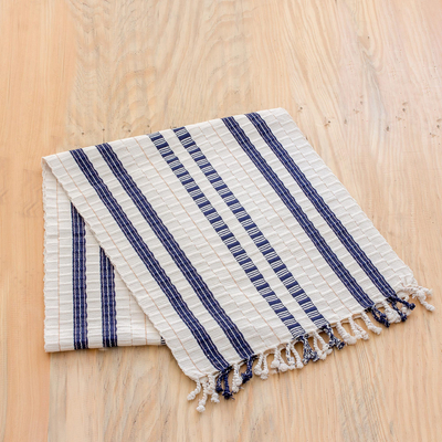 Cotton table runner, 'Splendid Contrast' - Guatemalan Cotton Table Runner in Ivory with Blue Stripes