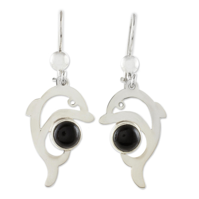 Jade dangle earrings, 'Black Dolphin' - Jade Dolphin Dangle Earrings in Black from Guatemala