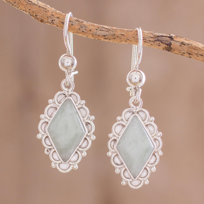 Jade dangle earrings, 'Apple Green Diamond Dahlia' - Apple Green Jade Diamond-Shaped Earrings from Guatemala