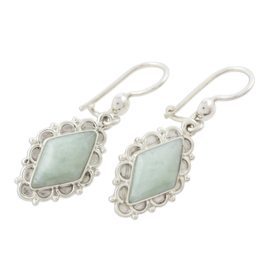 Jade dangle earrings, 'Apple Green Diamond Dahlia' - Apple Green Jade Diamond-Shaped Earrings from Guatemala