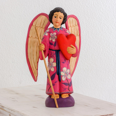 Wood sculpture, 'Loving Angel' - Hand-Painted Wood Loving Angel Sculpture from Guatemala