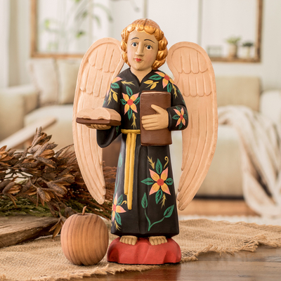 Wood sculpture, 'Wise Angel' - Hand-Painted Wood Angel Sculpture from Guatemala