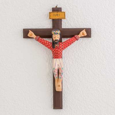 Holzkreuz, 'Das Opfer Christi - Handbemaltes Wandkreuz aus Holz aus Guatemala