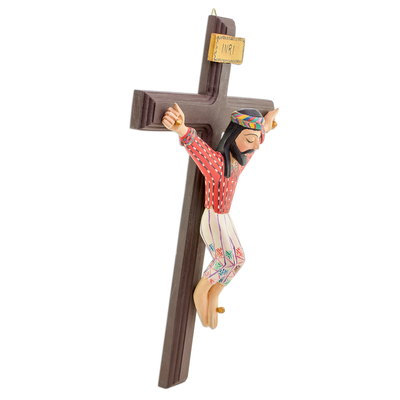 Holzkreuz, 'Das Opfer Christi - Handbemaltes Wandkreuz aus Holz aus Guatemala