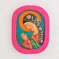 Wood relief panel, 'Beautiful Guadalupe' - Hand-Painted Mary Pinewood Relief Panel from Guatemala