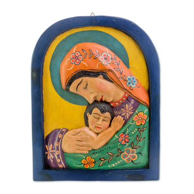 Wood relief panel, 'Sacred Love' - Mary and Jesus Pinewood Relief Panel from Guatemala