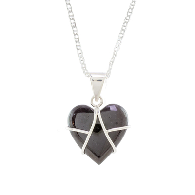 Jade pendant necklace, 'Inspiring Destiny' - Black Jade and Sterling Silver Heart Pendant Necklace