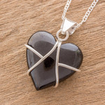 Jade pendant necklace, 'Inspiring Destiny' - Black Jade and Sterling Silver Heart Pendant Necklace