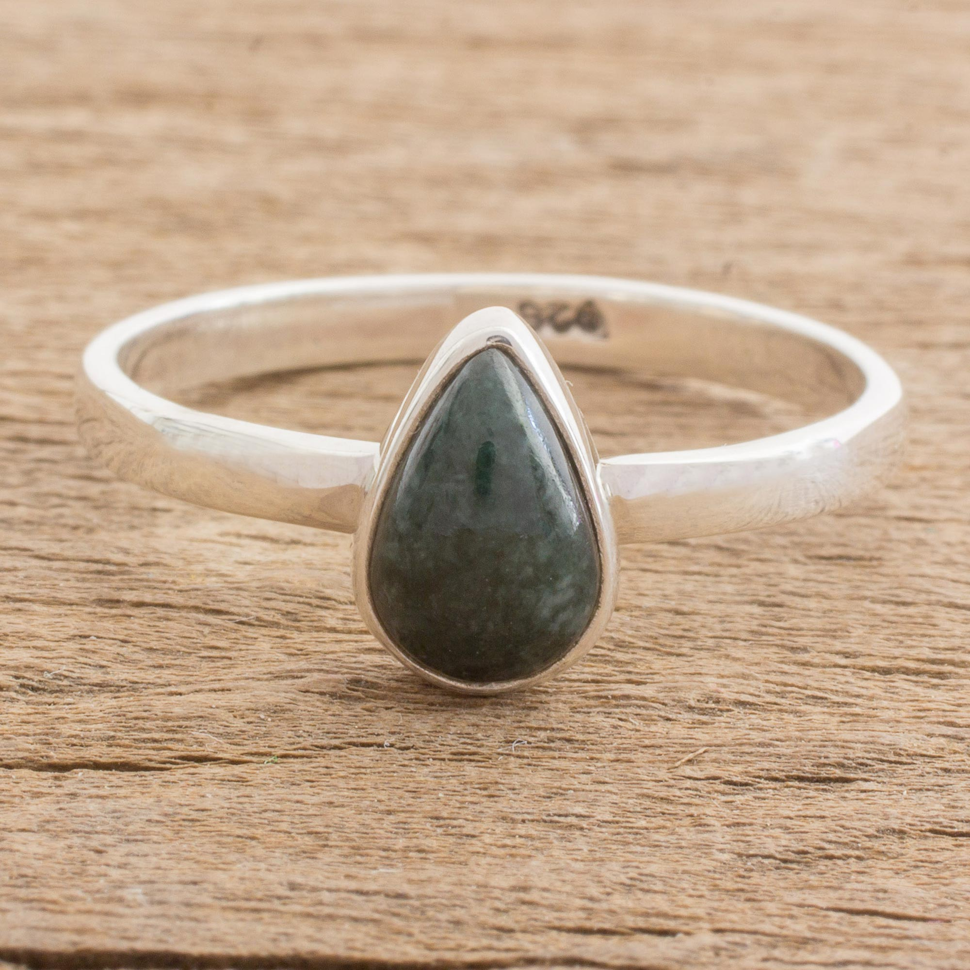 Dark Green Drop-Shaped Jade Single Stone Ring from Guatemala 