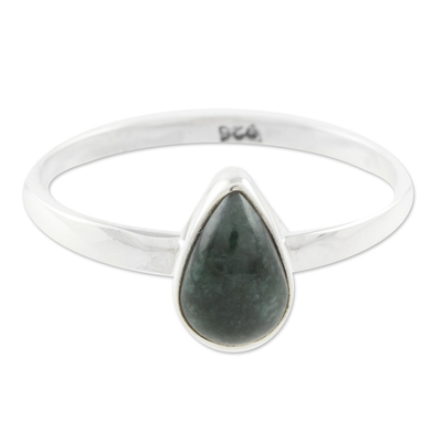 Jade single stone ring, 'Dark Green Ancient Drop' - Dark Green Drop-Shaped Jade Single Stone Ring from Guatemala
