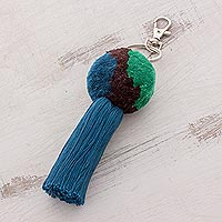 Handcrafted Blue and Green Cotton Pompom and Tassel Keychain,'Forest Stream'