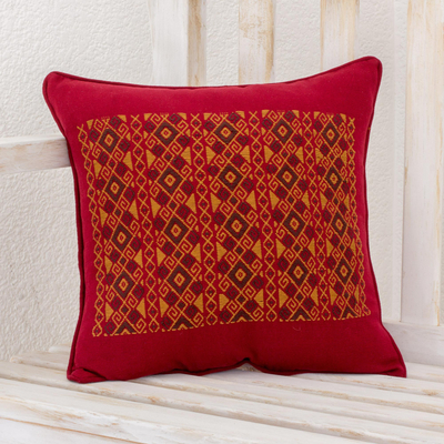 Cotton cushion cover, 'Mayan Rhombi' - Geometric Motif Cotton Cushion Cover in Red from Guatemala