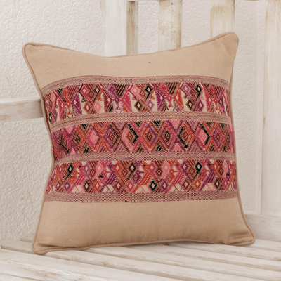Cotton cushion cover, 'Ancestral Depictions in Wheat' - Handwoven Cotton Cushion Cover in Wheat from Guatemala