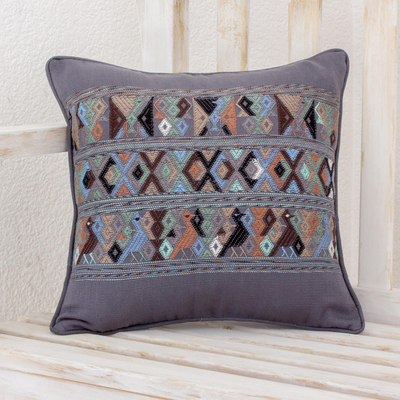 Cotton cushion cover, 'Ancestral Depictions in Smoke' - Handwoven Cotton Cushion Cover in Smoke from Guatemala