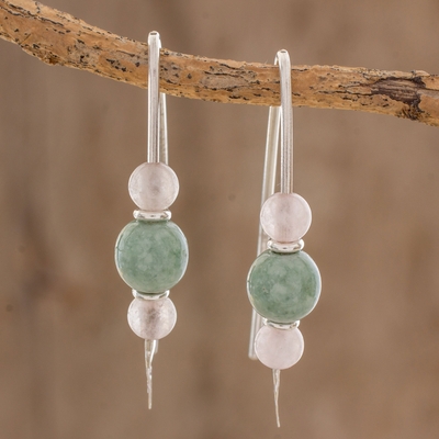 Jade and rose quartz drop earrings, 'Apple Green Mayan Earth' - Apple Green Jade and Rose Quartz Earrings from Guatemala