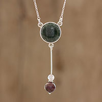 Jade Y-necklace, 'Dark Green Mayan Pendulum' - Dark Green Jade Rose Quartz and Garnet Y-Necklace
