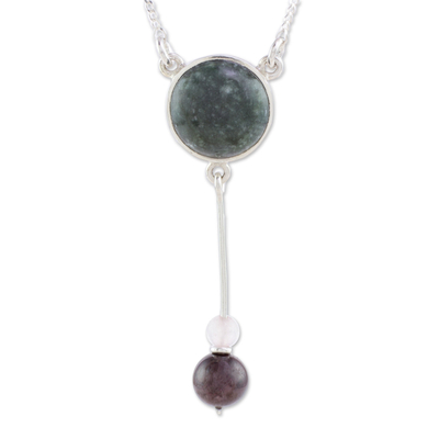 Jade Y-necklace, 'Dark Green Mayan Pendulum' - Dark Green Jade Rose Quartz and Garnet Y-Necklace