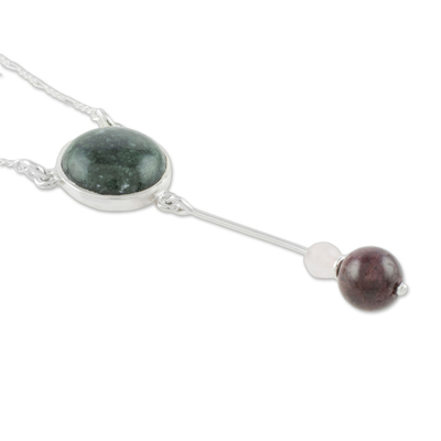 Y-Halskette aus Jade - Y-Halskette aus dunkelgrünem Jade, Rosenquarz und Granat