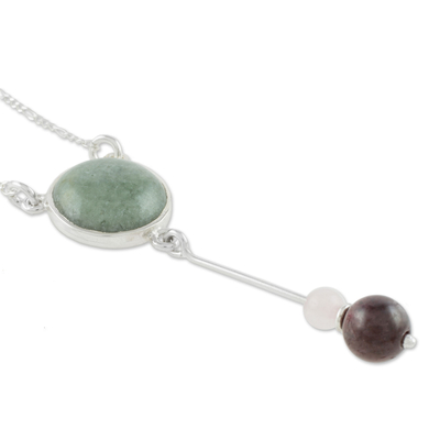 Jade pendant necklace, 'Apple Green Mayan Pendulum' - Apple Green Jade Rose Quartz and Garnet Pendant Necklace