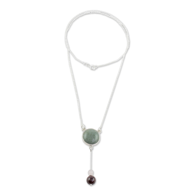 Jade pendant necklace, 'Apple Green Mayan Pendulum' - Apple Green Jade Rose Quartz and Garnet Pendant Necklace