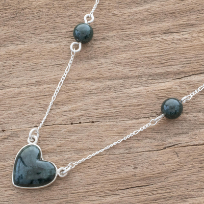 Jade pendant necklace, 'Me and You in Dark Green' - Dark Green Heart-Shaped Jade Necklace from Guatemala