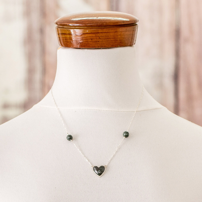 Jade pendant necklace, 'Me and You in Dark Green' - Dark Green Heart-Shaped Jade Necklace from Guatemala