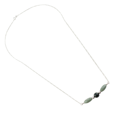 Jade pendant necklace, 'Verdant Wings' - Sterling Silver Dark and Pale Jade Bead Pendant Necklace