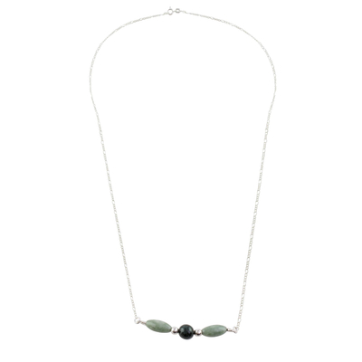 Jade pendant necklace, 'Verdant Wings' - Sterling Silver Dark and Pale Jade Bead Pendant Necklace