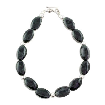 Jade beaded bracelet, 'Dark Green Ovals' - Dark Green Oval Jade Beaded Bracelet from Guatemala