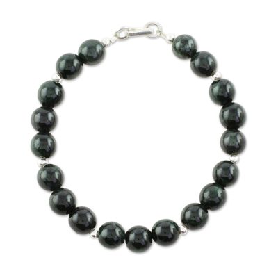 Jade beaded bracelet, 'Mayan Orbs' - Dark Green Jade Beaded Bracelet from Guatemala
