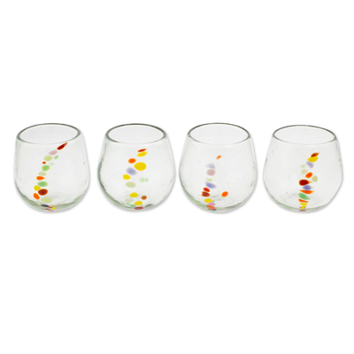 Recycled glass stemless wine glasses, 'Happy Trails' (set of 4) - Hand Blown Recycled Colorful Dot Stemless Glasses (Set of 4)