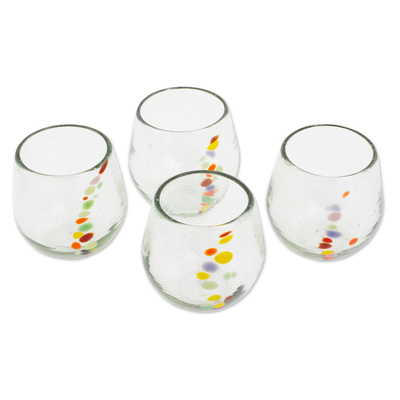 Recycled glass stemless wine glasses, 'Happy Trails' (set of 4) - Hand Blown Recycled Colorful Dot Stemless Glasses (Set of 4)