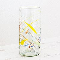 Recycled glass vase, 'Line Dance' - Clear with Colorful Lines Hand Blown Recycled Glass Vase