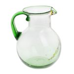 Recycled glass pitcher, 'Conga Line' - Hand Blown Recycled Glass Clear Green Colorful Dots Pitcher