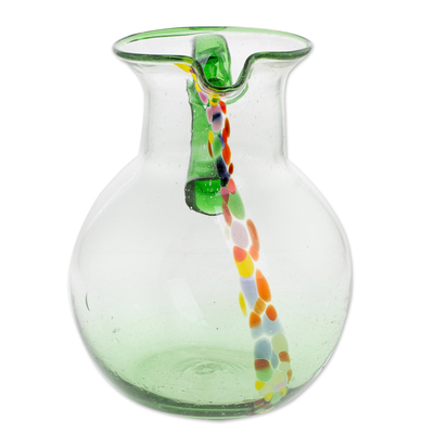Recycled glass pitcher, 'Conga Line' - Hand Blown Recycled Glass Clear Green Colorful Dots Pitcher