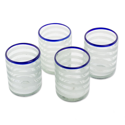 Recycled juice glasses, 'Refreshing' (set of 4) - Hand Blown Recycled Glass Blue Rim Juice Glasses (Set of 4)