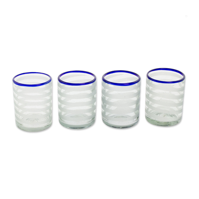 Recycled juice glasses, 'Refreshing' (set of 4) - Hand Blown Recycled Glass Blue Rim Juice Glasses (Set of 4)