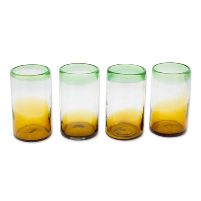 Recycled glass tumblers, 'Palm Beach' (set of 4) - Hand Blown Recycled Glass Green Brown Tumblers (Set of 4)