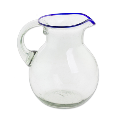 Recycled glass pitcher, 'Clear Seas' - Clear Blue Rimmed Hand Blown Recycled Glass Pitcher