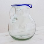Recycled glass pitcher, 'Clear Seas' - Clear Blue Rimmed Hand Blown Recycled Glass Pitcher