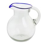 Recycled glass pitcher, 'Clear Seas' - Clear Blue Rimmed Hand Blown Recycled Glass Pitcher