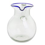 Recycled glass pitcher, 'Clear Seas' - Clear Blue Rimmed Hand Blown Recycled Glass Pitcher