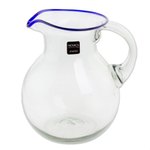 Recycled glass pitcher, 'Clear Seas' - Clear Blue Rimmed Hand Blown Recycled Glass Pitcher