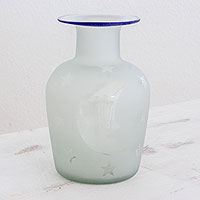 Recycled glass vase, 'Misty Night' - Clear Frosted Moon and Stars Hand Blown Recycled Glass Vase