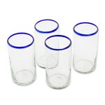 Recycled glass tumblers, 'Clear Seas' (set of 4) - Clear Blue Rim Hand Blown Recycled Glass Tumblers (Set of 4)