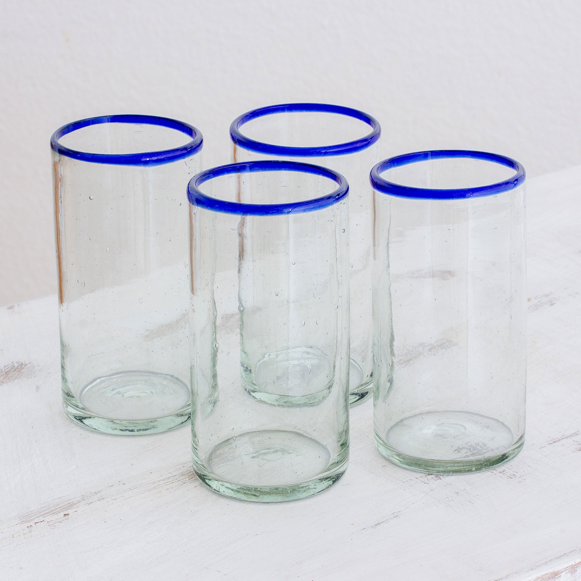 Clear Blue Rim Hand Blown Recycled Glass Tumblers (Set of 4) Clear